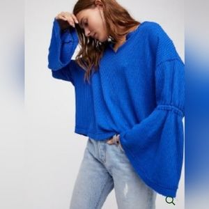 Free People Dahlia Thermal Knit Oversized Top Bell Sleeve Size Small Sapphire